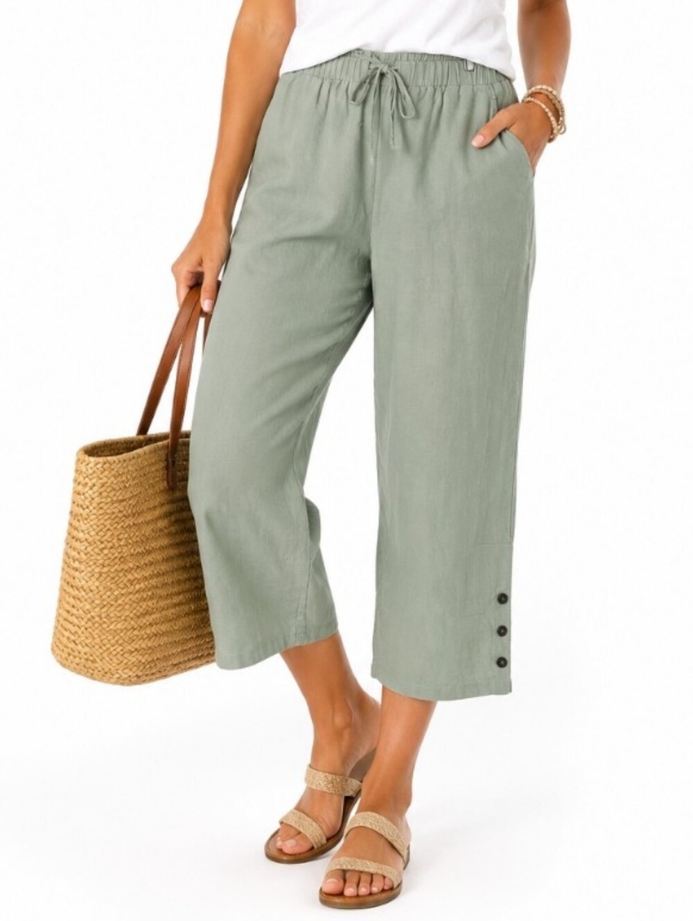 Light Sage Wide-Leg nonfunctional Drawstring Pants Cute Out XLarge Cotton New - Picture 1 of 16